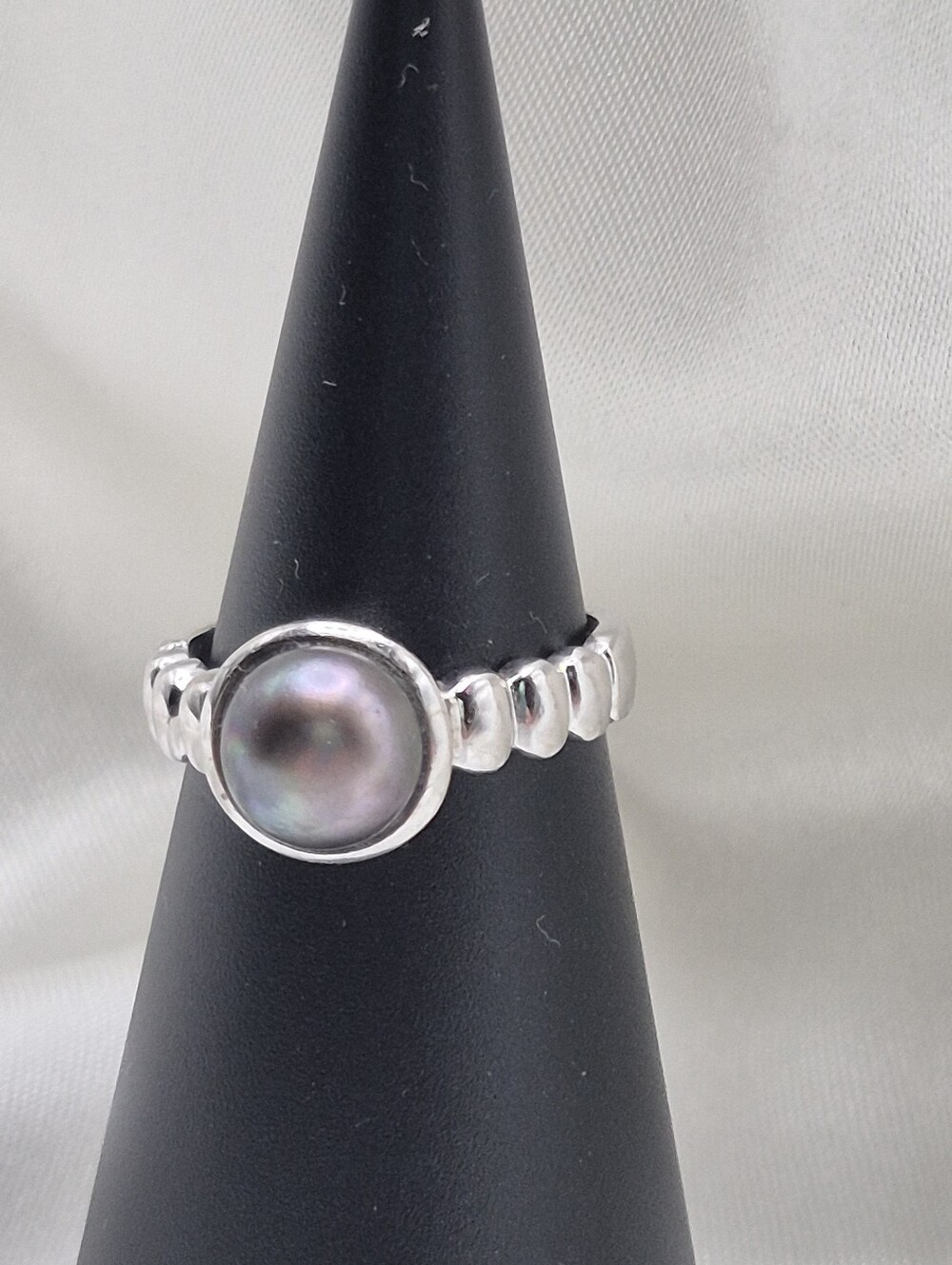 Sterling Silver Pearl Half Rope Band Ring Size 6 Genuine Pearl